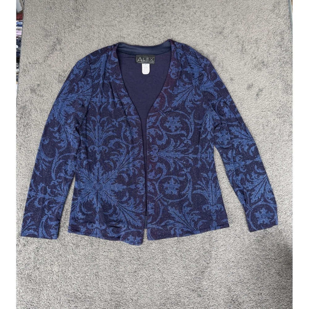 Alex Evenings Navy Blue Damask Floral Glitter Open Front Cardigan Jacket Size 12
